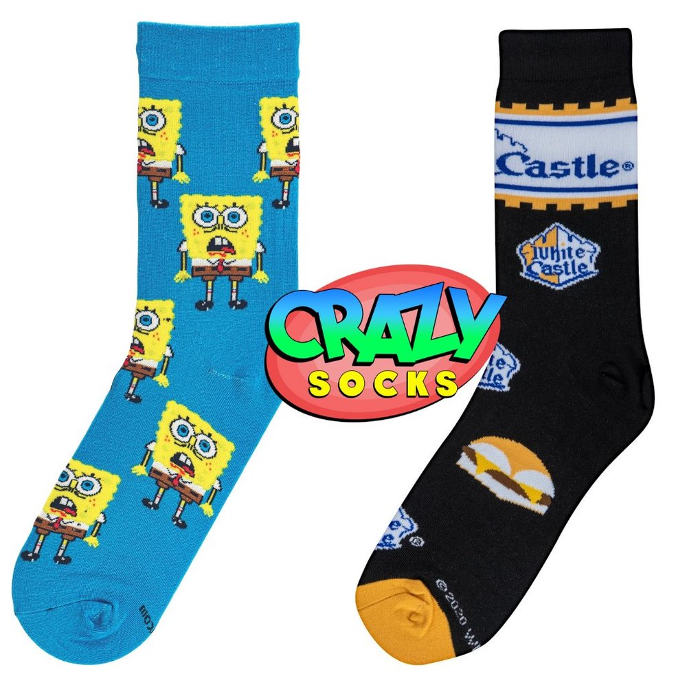 2 Pairs Crazy Socks NWT- SpongeBob All Over/White Castle- Fun Men's Crew Socks